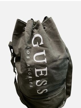 GUESS Los Angeles Men's Army Green Canvas Drawstring Backpack Large Zip Pocket